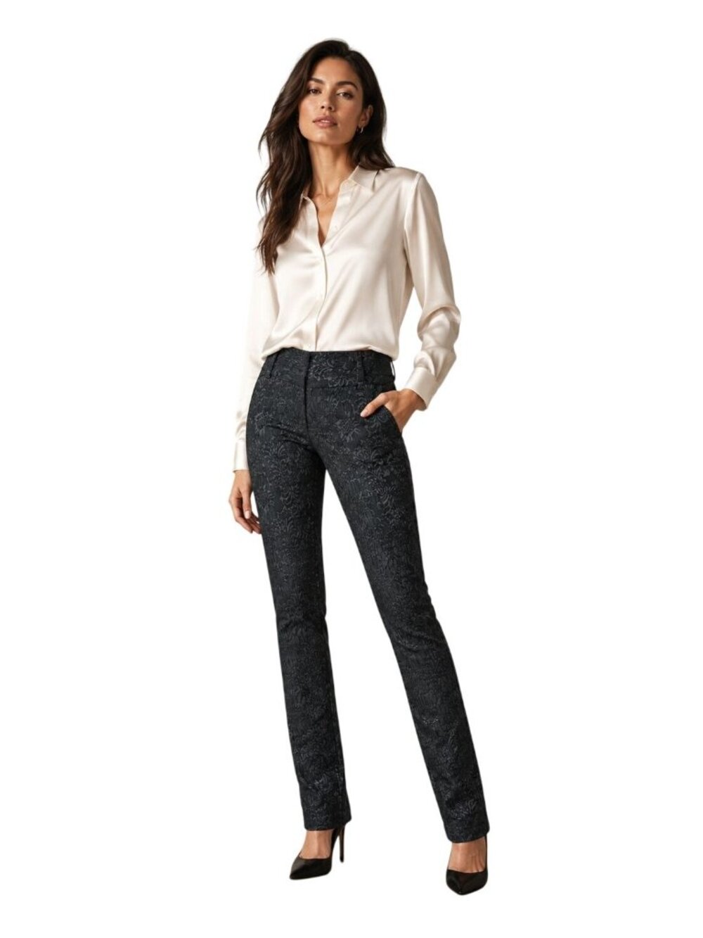 Alice + Olivia Andrew Floral-Jacquard Slim Fitted Black Trousers Pants Size 4